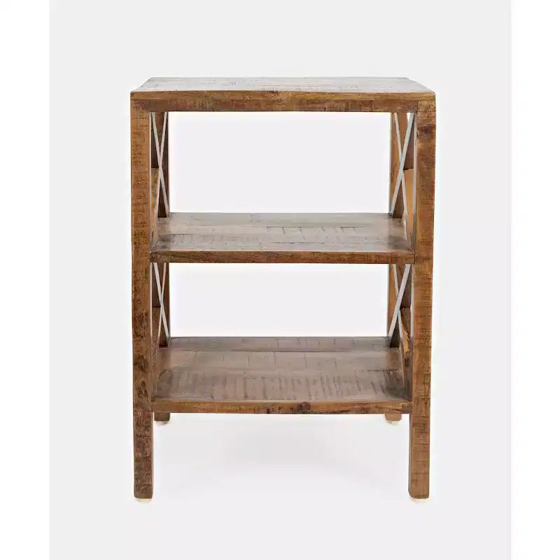 Jofran,Global Archive Solid Wood Rustic Modern X-Side Accent table with Two Shelves- Gold Color