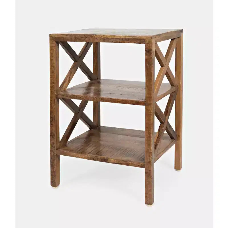 Jofran, tavolino accentuato X-Side moderno rustico in legno massello Global Archive con due ripiani - colore oro