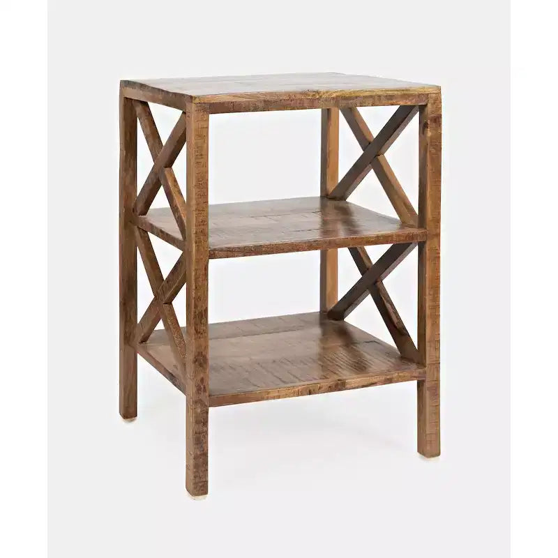 Jofran, tavolino accentuato X-Side moderno rustico in legno massello Global Archive con due ripiani - colore oro