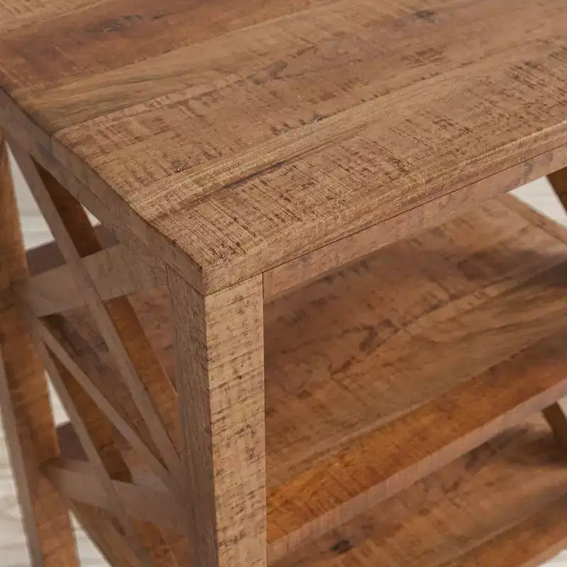 Jofran, tavolino accentuato X-Side moderno rustico in legno massello Global Archive con due ripiani - colore oro