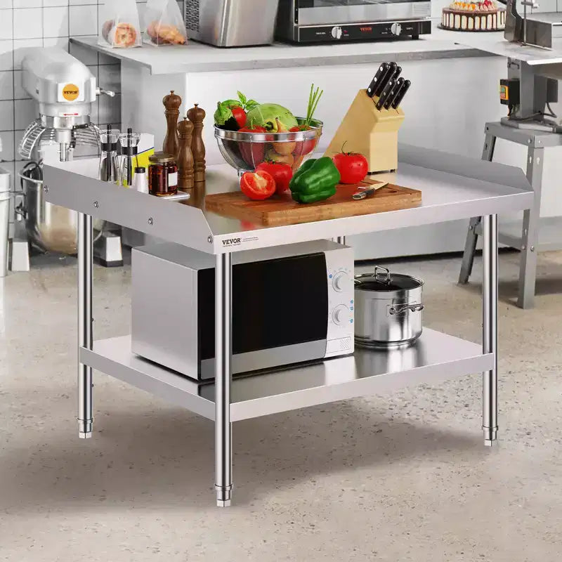 Tavolo da lavoro in acciaio, tavolo da lavoro commerciale per la preparazione di alimenti da 30 x 36 x 26 pollici, tavolo da lavoro pesante con alzatina su 3 lati, tavolo da lavoro in metallo