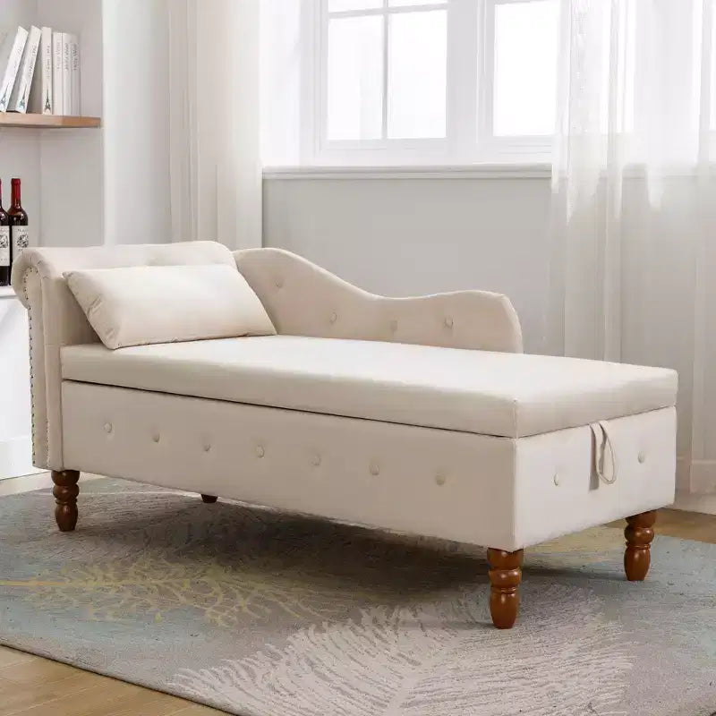 Moderna chaise longue imbottita con bracciolo arrotolato, divano da interno, poltrona lounge in velluto con contenitore e cuscino