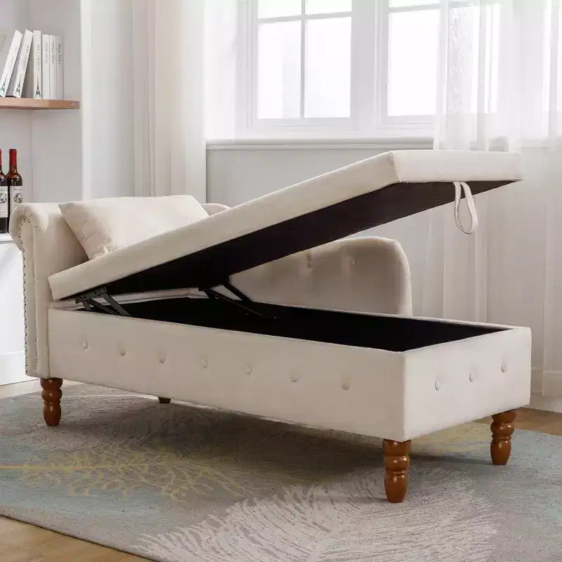 Moderna chaise longue imbottita con bracciolo arrotolato, divano da interno, poltrona lounge in velluto con contenitore e cuscino