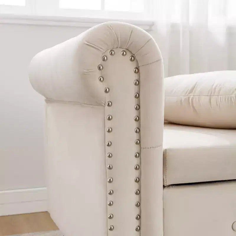 Moderna chaise longue imbottita con bracciolo arrotolato, divano da interno, poltrona lounge in velluto con contenitore e cuscino