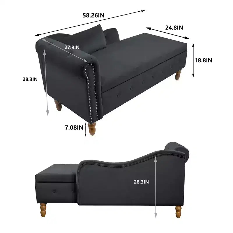 Moderna chaise longue imbottita con bracciolo arrotolato, divano da interno, poltrona lounge in velluto con contenitore e cuscino