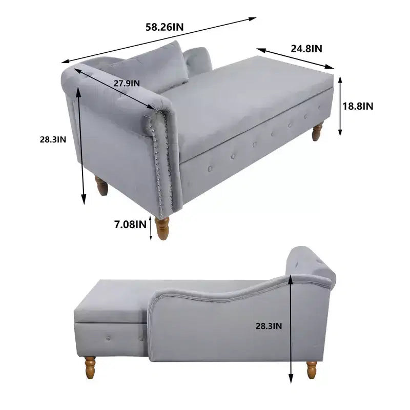 Moderna chaise longue imbottita con bracciolo arrotolato, divano da interno, poltrona lounge in velluto con contenitore e cuscino