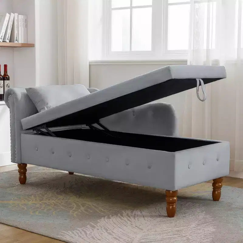 Moderna chaise longue imbottita con bracciolo arrotolato, divano da interno, poltrona lounge in velluto con contenitore e cuscino