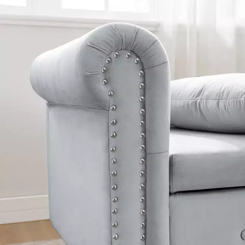 Moderna chaise longue imbottita con bracciolo arrotolato, divano da interno, poltrona lounge in velluto con contenitore e cuscino