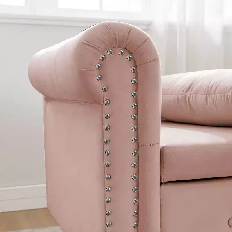 Moderna chaise longue imbottita con bracciolo arrotolato, divano da interno, poltrona lounge in velluto con contenitore e cuscino