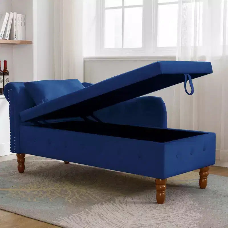 Moderna chaise longue imbottita con bracciolo arrotolato, divano da interno, poltrona lounge in velluto con contenitore e cuscino