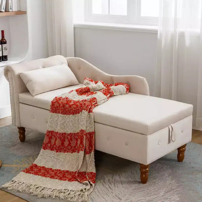 Moderna chaise longue imbottita con bracciolo arrotolato, divano da interno, poltrona lounge in velluto con contenitore e cuscino