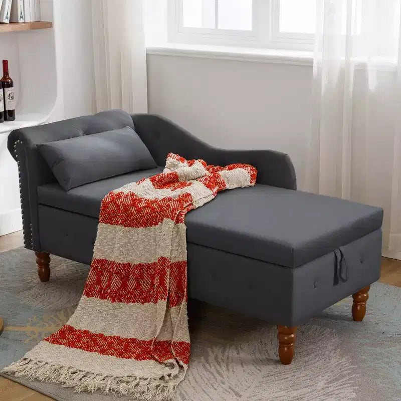 Moderna chaise longue imbottita con bracciolo arrotolato, divano da interno, poltrona lounge in velluto con contenitore e cuscino