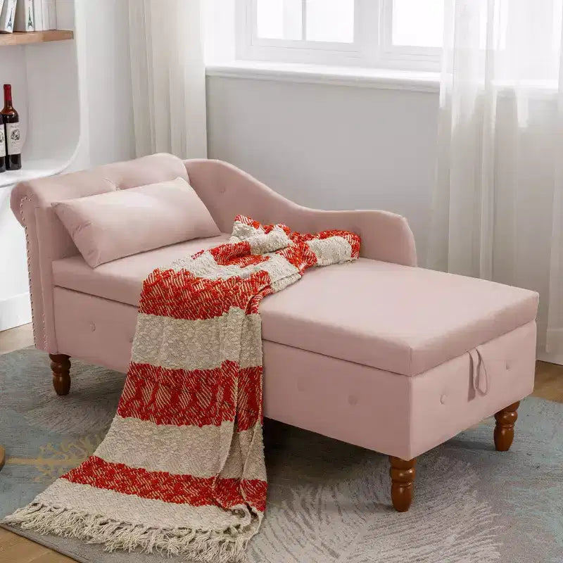 Moderna chaise longue imbottita con bracciolo arrotolato, divano da interno, poltrona lounge in velluto con contenitore e cuscino