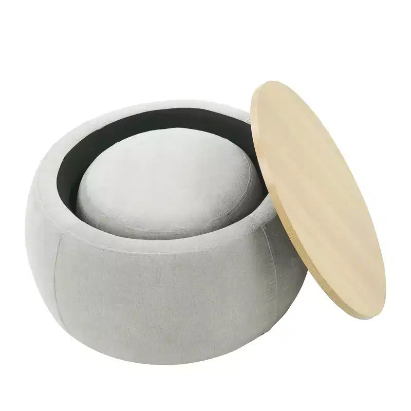 Set di pouf contenitori rotondi con vassoio in legno rimovibile e poggiapiedi, per soggiorno e camera da letto