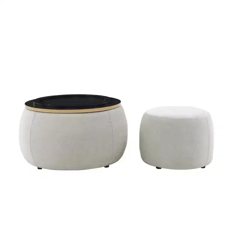 Set di pouf contenitori rotondi con vassoio in legno rimovibile e poggiapiedi, per soggiorno e camera da letto