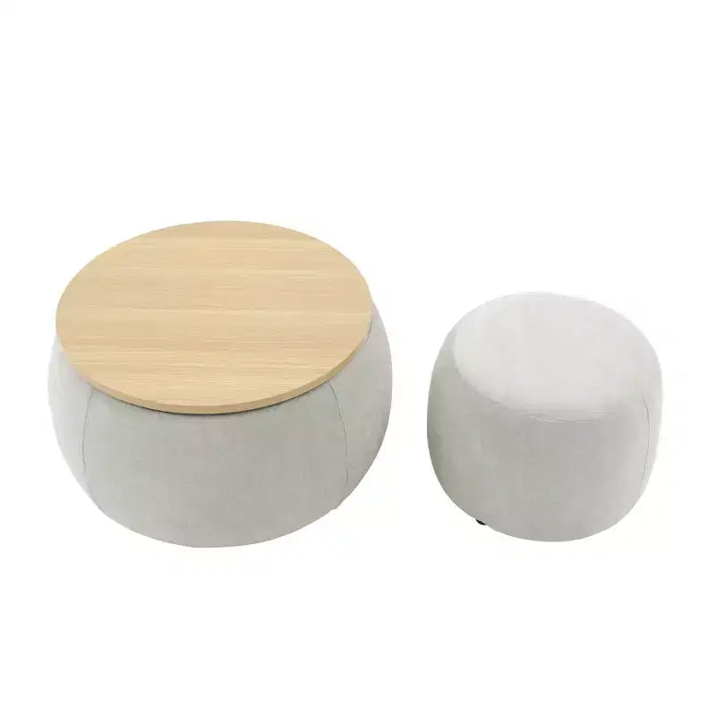 Set di pouf contenitori rotondi con vassoio in legno rimovibile e poggiapiedi, per soggiorno e camera da letto