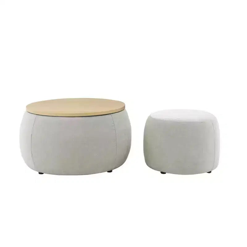 Set di pouf contenitori rotondi con vassoio in legno rimovibile e poggiapiedi, per soggiorno e camera da letto