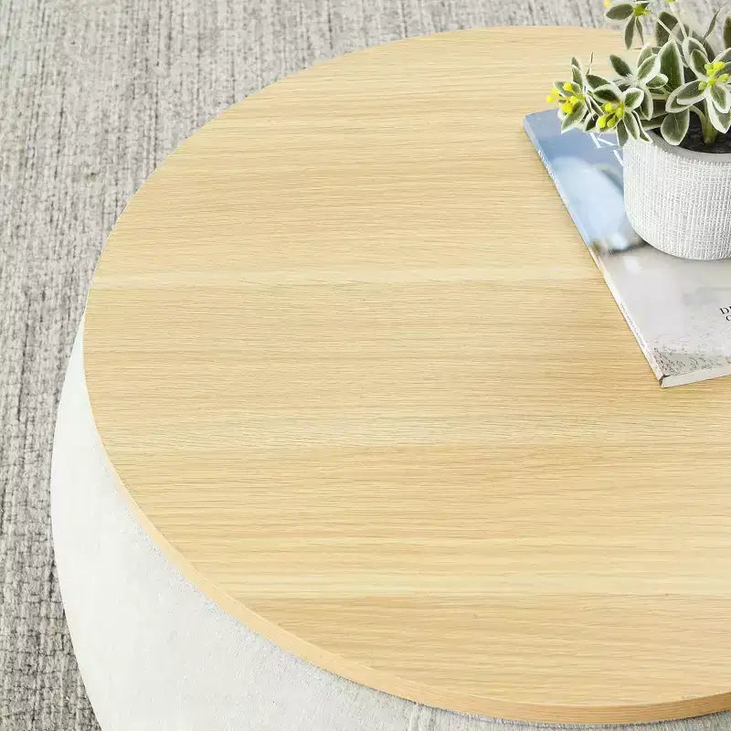 Set di pouf contenitori rotondi con vassoio in legno rimovibile e poggiapiedi, per soggiorno e camera da letto