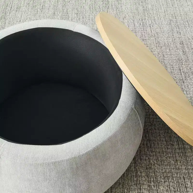 Set di pouf contenitori rotondi con vassoio in legno rimovibile e poggiapiedi, per soggiorno e camera da letto