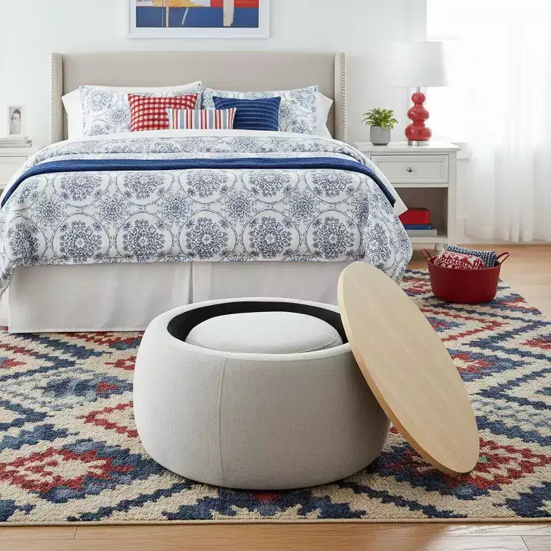 Set di pouf contenitori rotondi con vassoio in legno rimovibile e poggiapiedi, per soggiorno e camera da letto