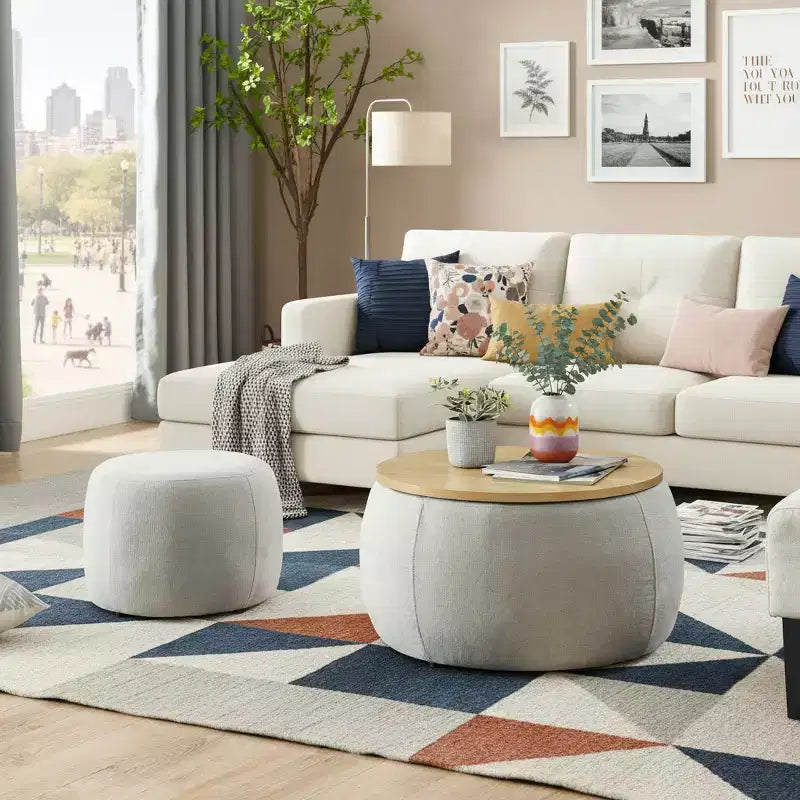 Set di pouf contenitori rotondi con vassoio in legno rimovibile e poggiapiedi, per soggiorno e camera da letto