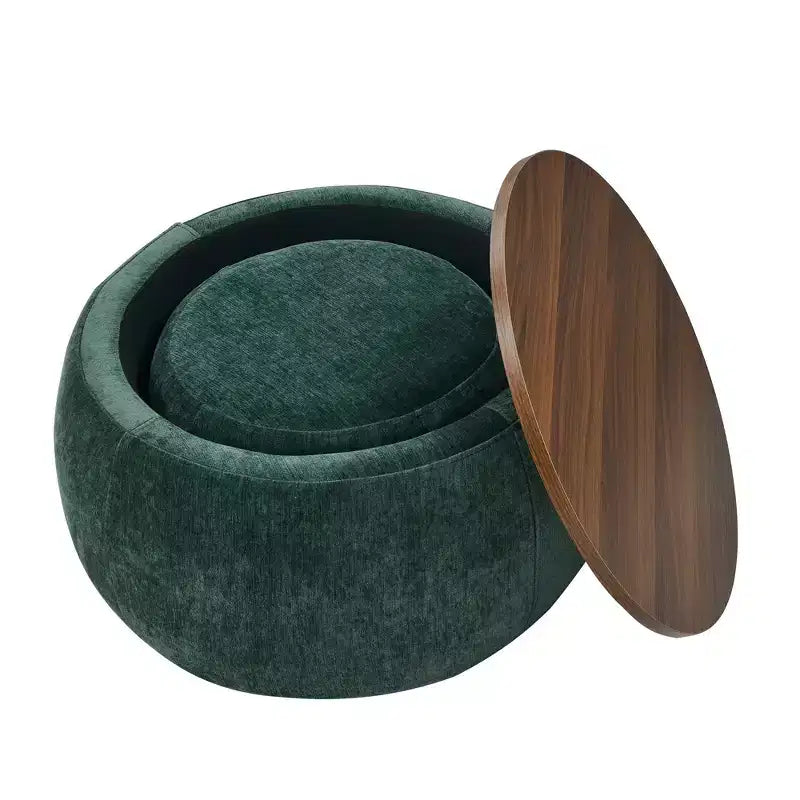 Set di pouf contenitori rotondi con vassoio in legno rimovibile e poggiapiedi, per soggiorno e camera da letto