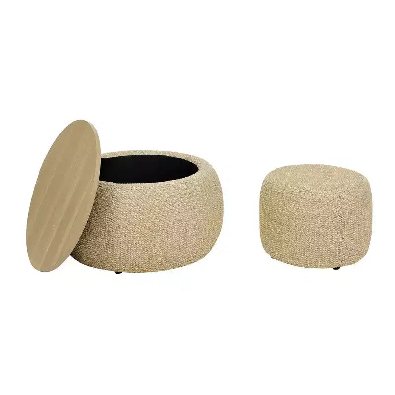 Set di pouf contenitori rotondi con vassoio in legno rimovibile e poggiapiedi, per soggiorno e camera da letto