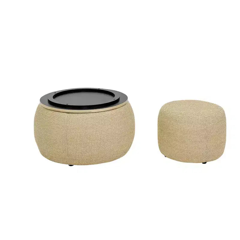 Set di pouf contenitori rotondi con vassoio in legno rimovibile e poggiapiedi, per soggiorno e camera da letto