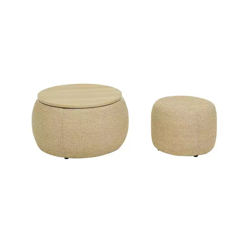 Set di pouf contenitori rotondi con vassoio in legno rimovibile e poggiapiedi, per soggiorno e camera da letto