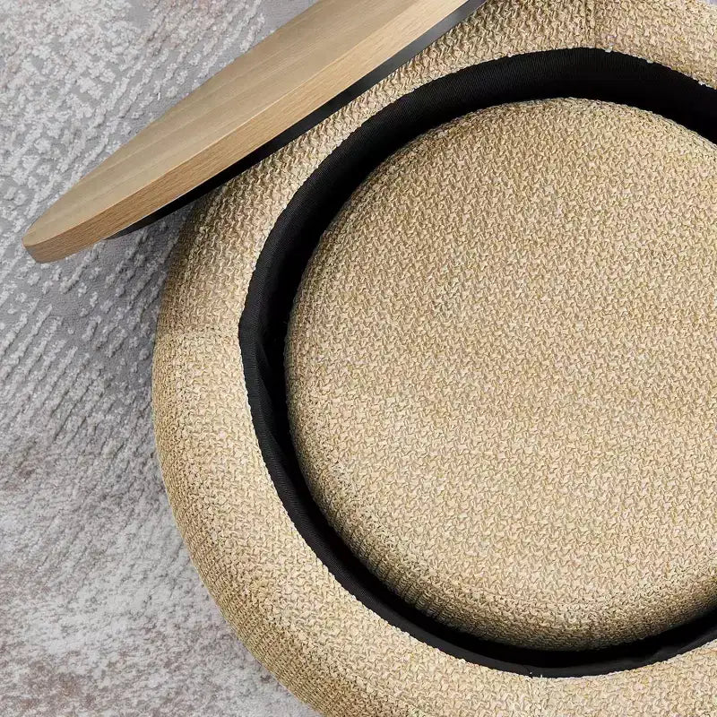 Set di pouf contenitori rotondi con vassoio in legno rimovibile e poggiapiedi, per soggiorno e camera da letto