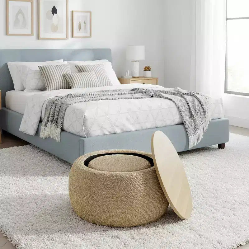 Set di pouf contenitori rotondi con vassoio in legno rimovibile e poggiapiedi, per soggiorno e camera da letto
