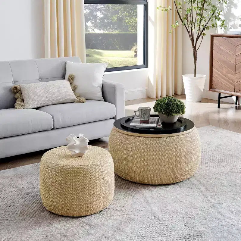 Set di pouf contenitori rotondi con vassoio in legno rimovibile e poggiapiedi, per soggiorno e camera da letto