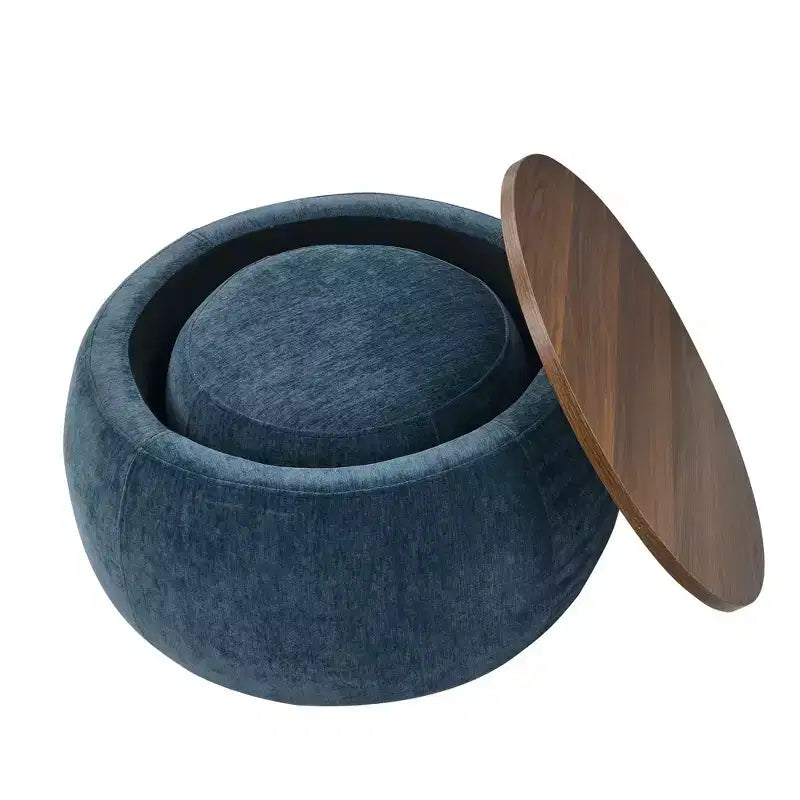 Set di pouf contenitori rotondi con vassoio in legno rimovibile e poggiapiedi, per soggiorno e camera da letto