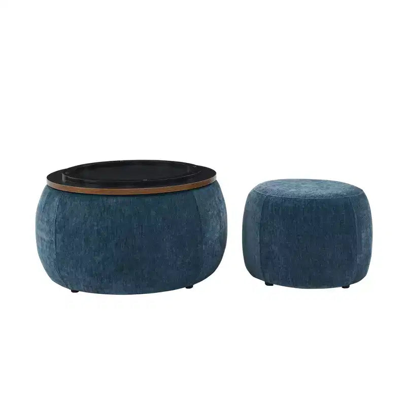 Set di pouf contenitori rotondi con vassoio in legno rimovibile e poggiapiedi, per soggiorno e camera da letto