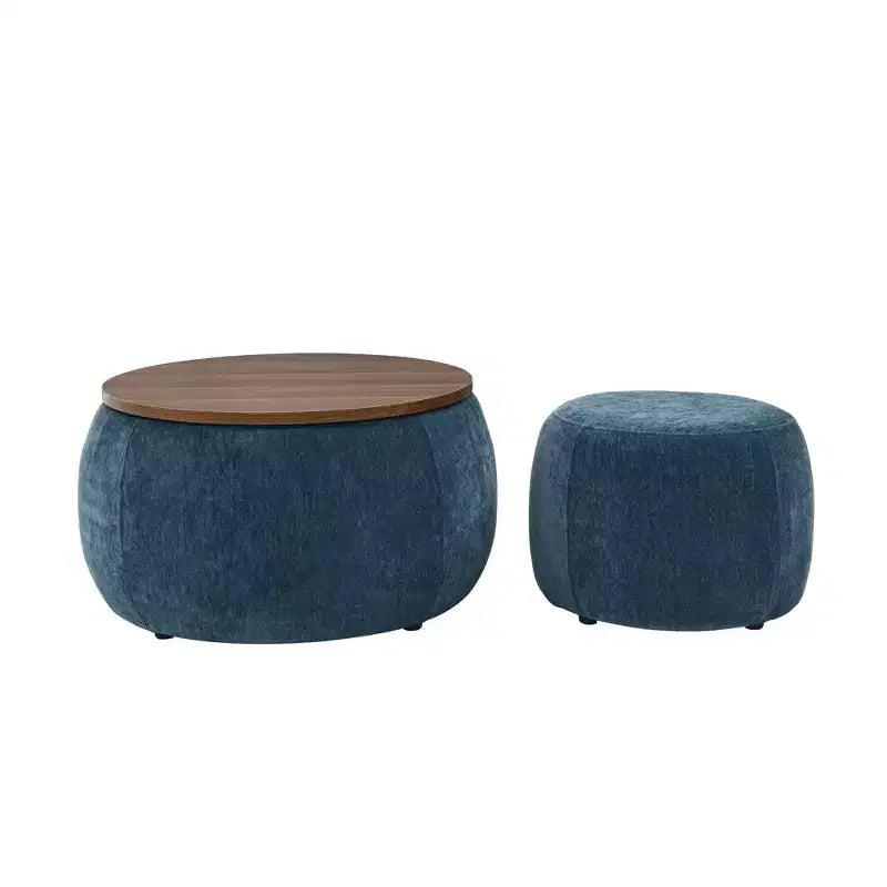 Set di pouf contenitori rotondi con vassoio in legno rimovibile e poggiapiedi, per soggiorno e camera da letto