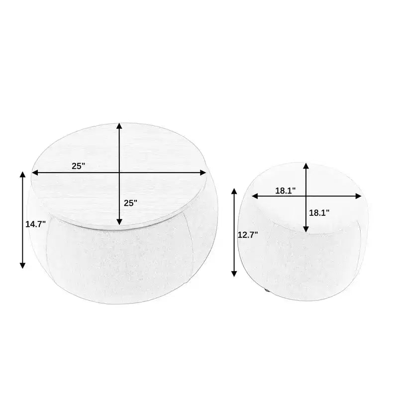 Set di pouf contenitori rotondi con vassoio in legno rimovibile e poggiapiedi, per soggiorno e camera da letto