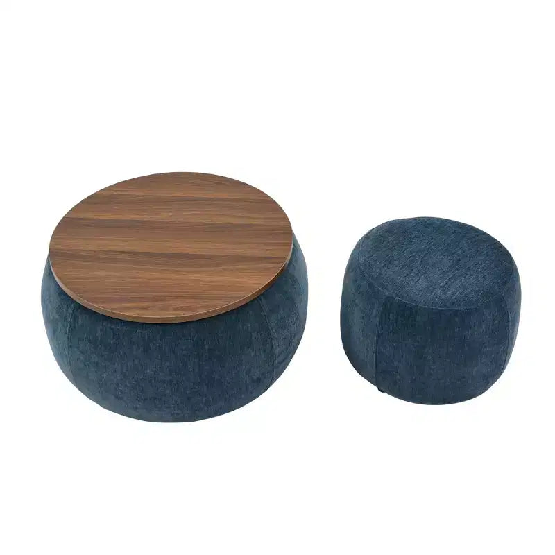 Set di pouf contenitori rotondi con vassoio in legno rimovibile e poggiapiedi, per soggiorno e camera da letto