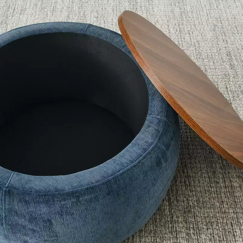 Set di pouf contenitori rotondi con vassoio in legno rimovibile e poggiapiedi, per soggiorno e camera da letto