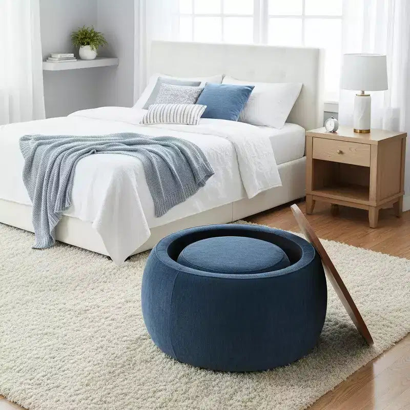 Set di pouf contenitori rotondi con vassoio in legno rimovibile e poggiapiedi, per soggiorno e camera da letto