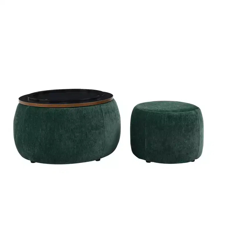 Set di pouf contenitori rotondi con vassoio in legno rimovibile e poggiapiedi, per soggiorno e camera da letto