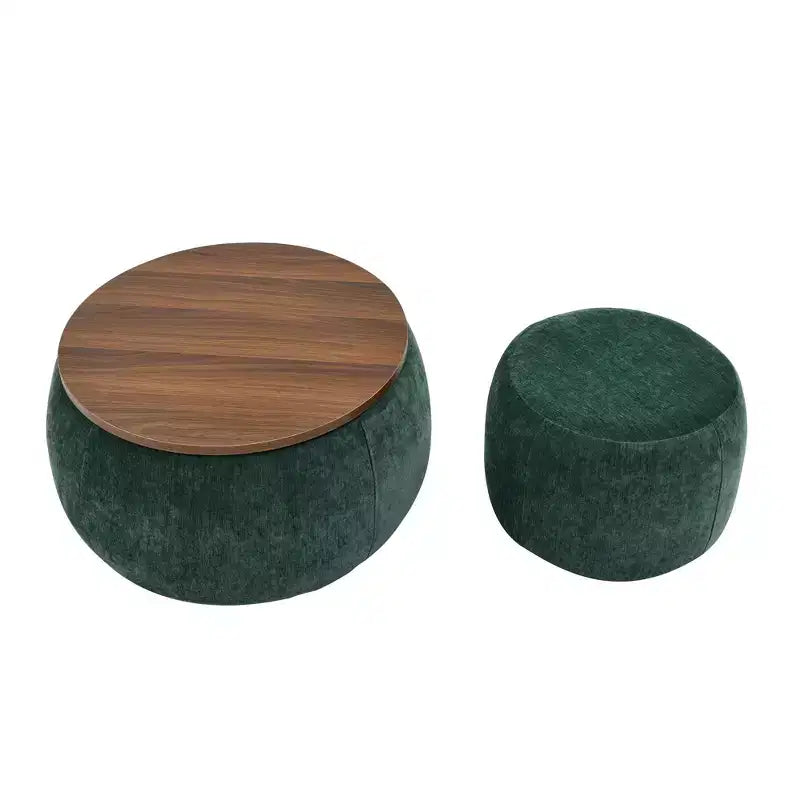 Set di pouf contenitori rotondi con vassoio in legno rimovibile e poggiapiedi, per soggiorno e camera da letto