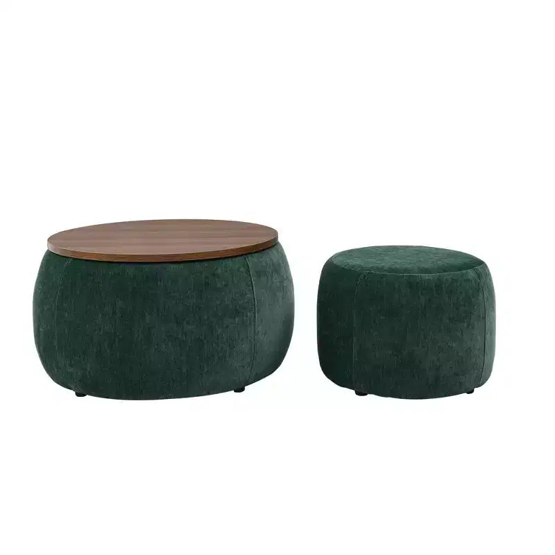 Set di pouf contenitori rotondi con vassoio in legno rimovibile e poggiapiedi, per soggiorno e camera da letto