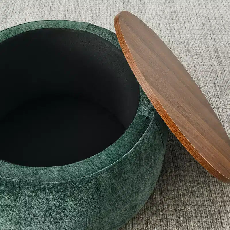 Set di pouf contenitori rotondi con vassoio in legno rimovibile e poggiapiedi, per soggiorno e camera da letto