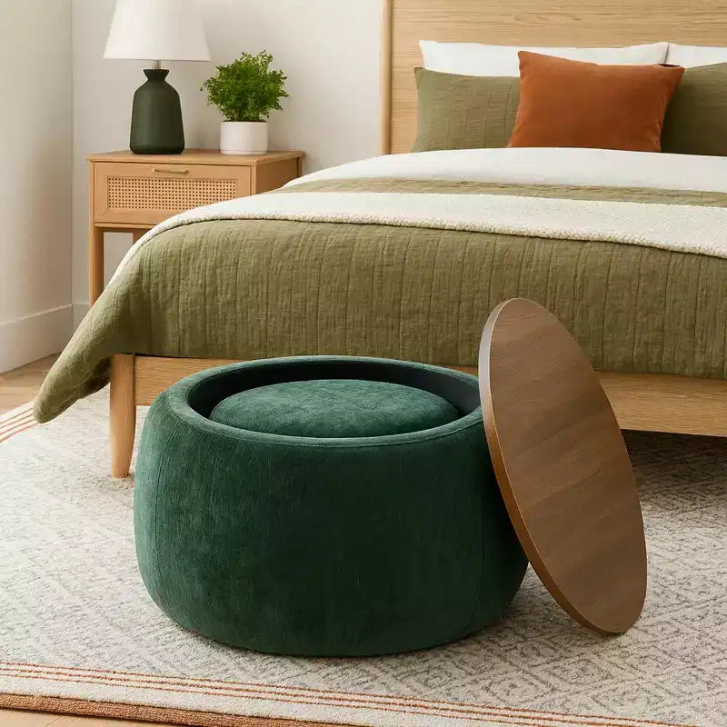 Set di pouf contenitori rotondi con vassoio in legno rimovibile e poggiapiedi, per soggiorno e camera da letto