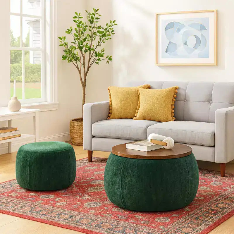 Set di pouf contenitori rotondi con vassoio in legno rimovibile e poggiapiedi, per soggiorno e camera da letto