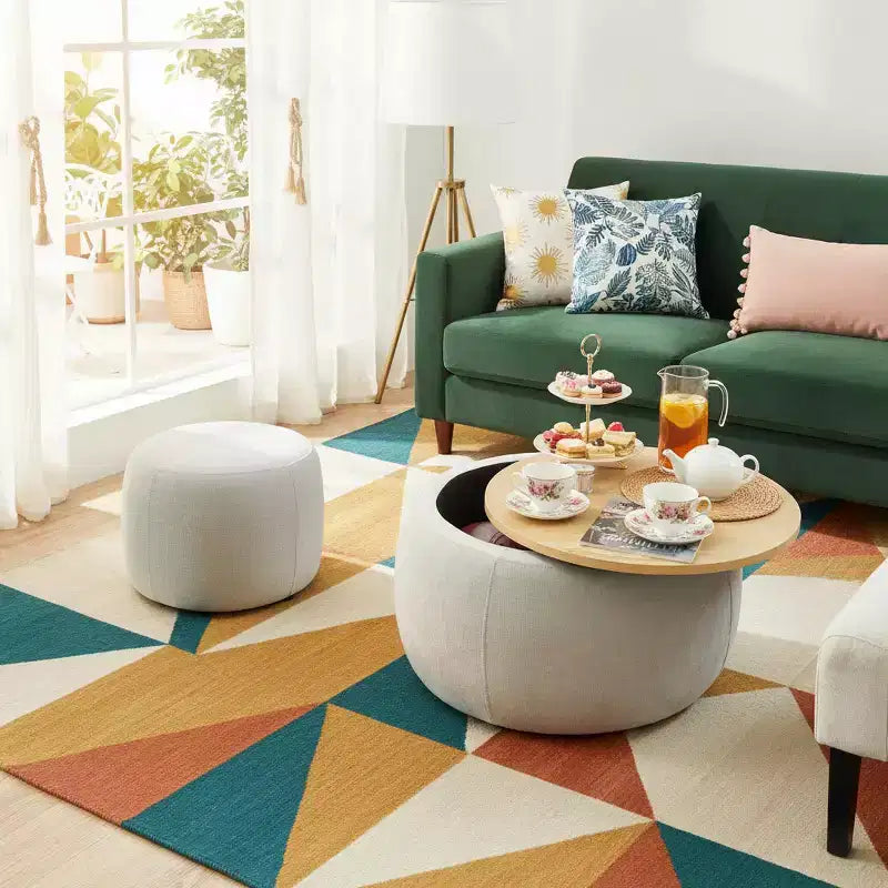 Set di pouf contenitori rotondi con vassoio in legno rimovibile e poggiapiedi, per soggiorno e camera da letto