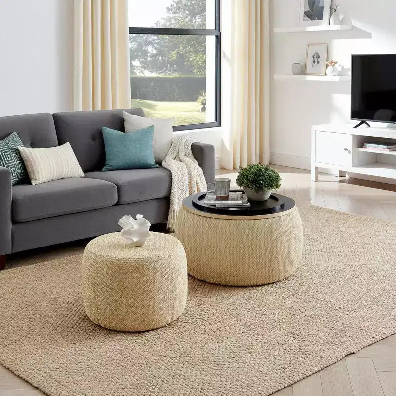 Set di pouf contenitori rotondi con vassoio in legno rimovibile e poggiapiedi, per soggiorno e camera da letto