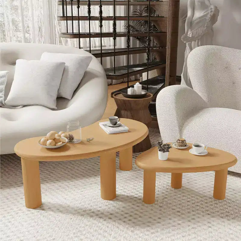 MAYEERTY Solid Wood Coffee Table Set Cashew Shaped in Black Color for Living Room Bedroom Beige