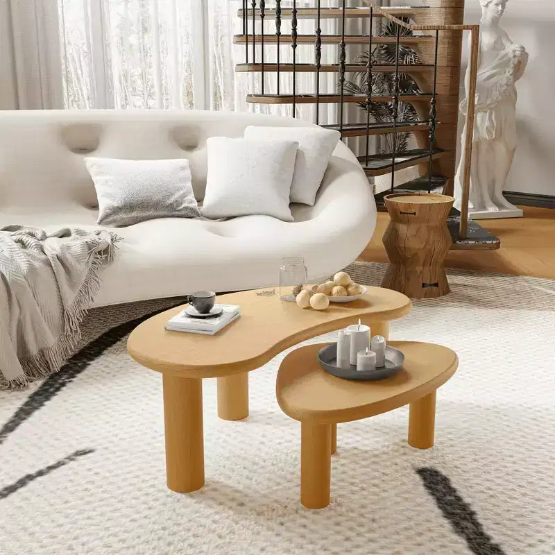 Set di tavolini da caffè in legno a forma di anacardio, di colore nero per soggiorno e camera da letto, beige