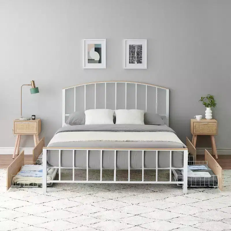 Telaio Letto Piattaforma Matrimoniale/Queen in Metallo, Testiera e Ampio Contenitore, Senza Rete a Molle, Bianco